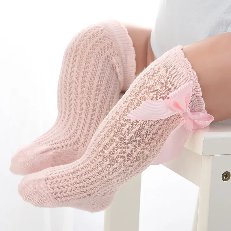 Calcetines de algod&oacute;n con lazo para beb&eacute; reci&eacute;n nacido, medias ajustadas hasta la rodilla, malla transpirable, para primavera y verano-3