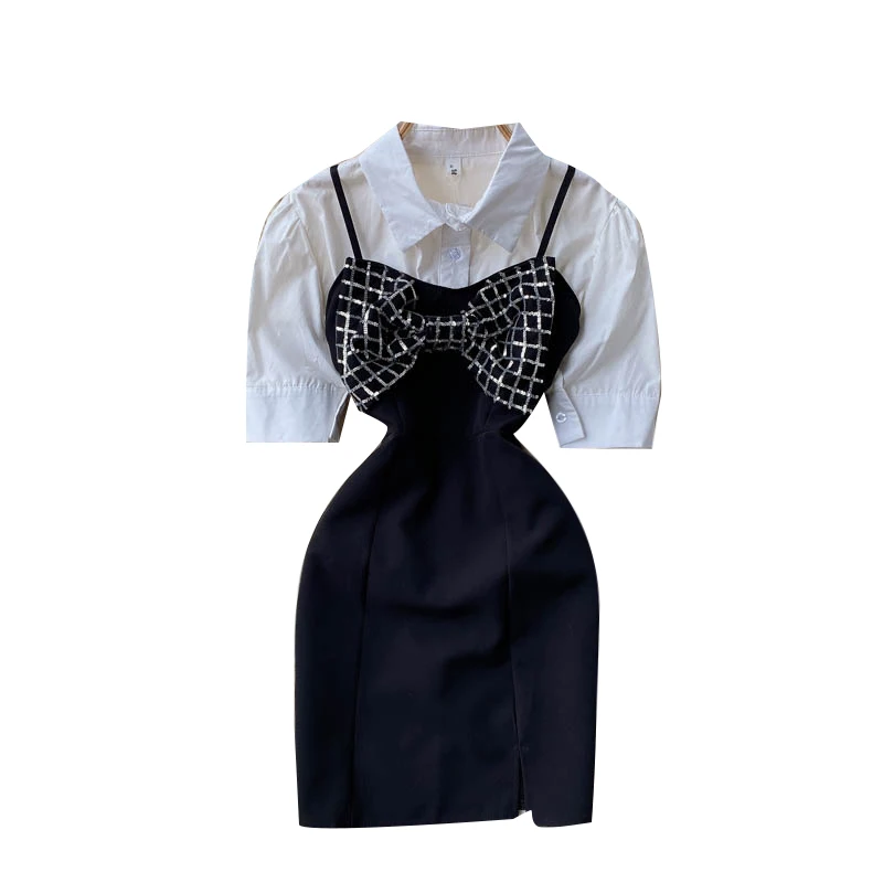 

Women's New Fashion Retro Chic Short Sleeve Shirt Tops + Sleeve Bow Sleeveless Package Hip Mini Dress Two Piece Suits S401