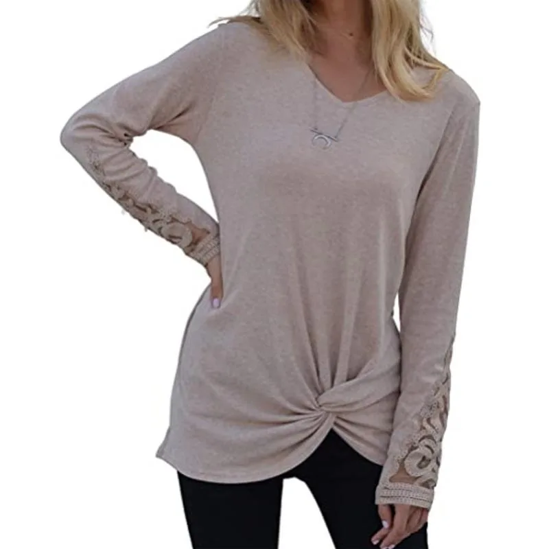 

Tops Women Lace Hollow Out Solid V-Neck Long Sleeved Tshirt spring Fall Casual Loose Female Tee Shirts Pullover T-shirt