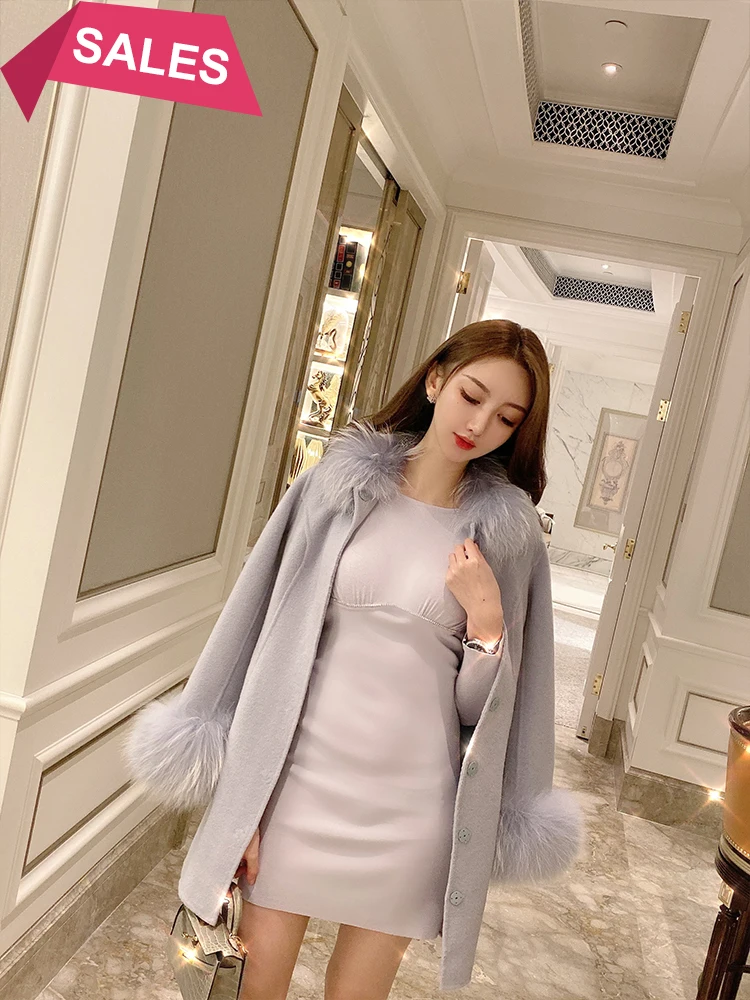

blue double faced Wool Jacket Women's thick medium long coat collar new in autumn and winter of