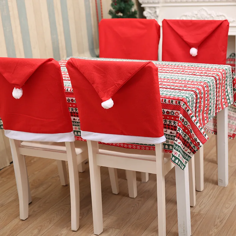 

1/4PC Christmas Chair Cover Non-woven Table Red Hat Chair Back Cover Xmas Dinner Chair Cap Sets Dinner Table Hat Home Decoration