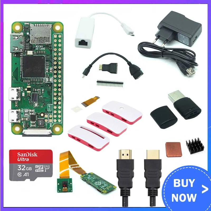 Raspberry Pi Zero W Kit + чехол камера 5 Мп сетевая карта RJ45 sd 32 ГБ теплоотвод HDMI питание GPIO