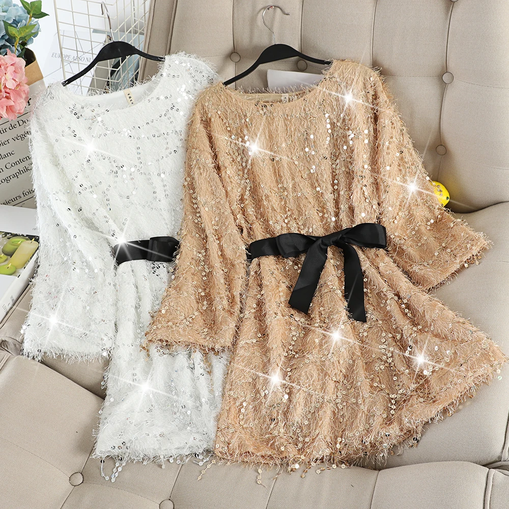 

Elegant Women Autumn O-neck Long Sleeve Bling Sequined Basic Ruffles Bow Shirt Vintage Elastic Slim Bandage Strap Blouse Tops