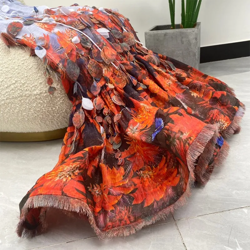 

High Quality Hot Beach Style Sleeveless Red Floral Print Leaf Tassel Women Ankle Length Dresses Summer Fashion 2021