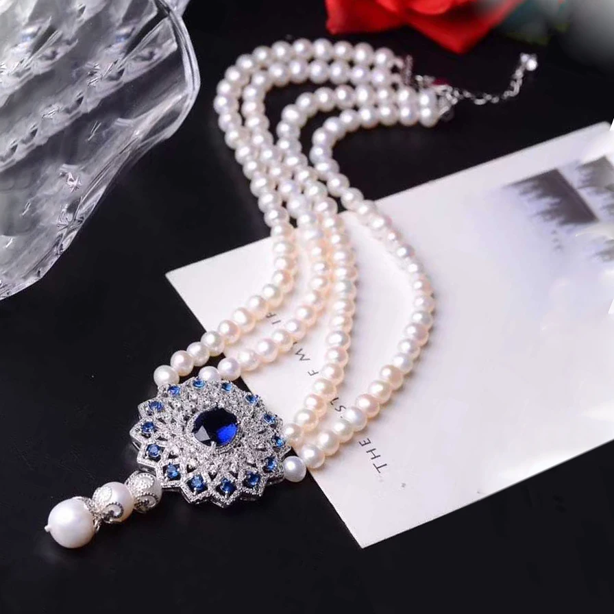 

Natural white pearl multi-circle necklace inlaid with blue zircon round slightly flawed fashion new high-level jewelry choker