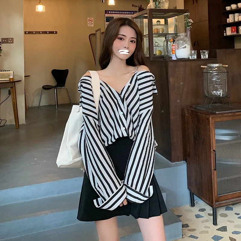 

Women Korea Chic Simple Long-Sleeved Shirt Spring Autumn Casual Ladies Striped Off-Shoulder Design 2021 Retro New Blouses
