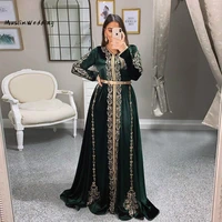 dark green muslim evening dress luxury long sleeve gold appliques prom dresses plus size silk taffeta morrocan kaftan dress 2021