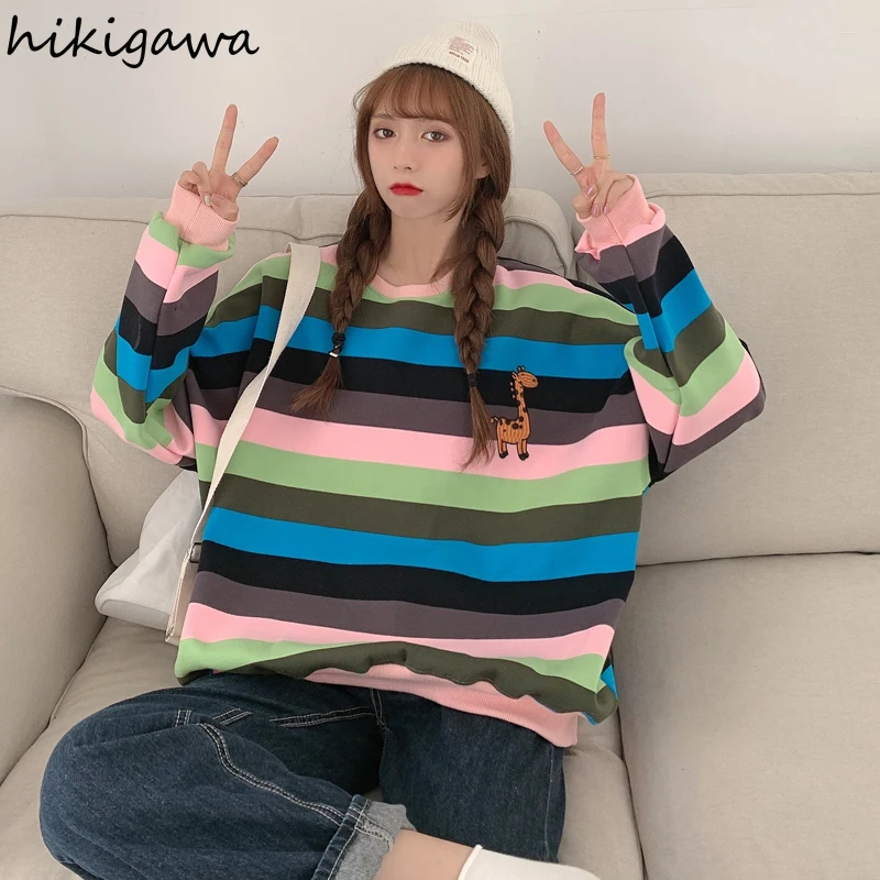 

Hikigaka Fashion Rainbow Striped Sweatshirt Women Streetwear BF Thicked Oversized Outwear O-neck Casual Korean Coat Tops 7z023