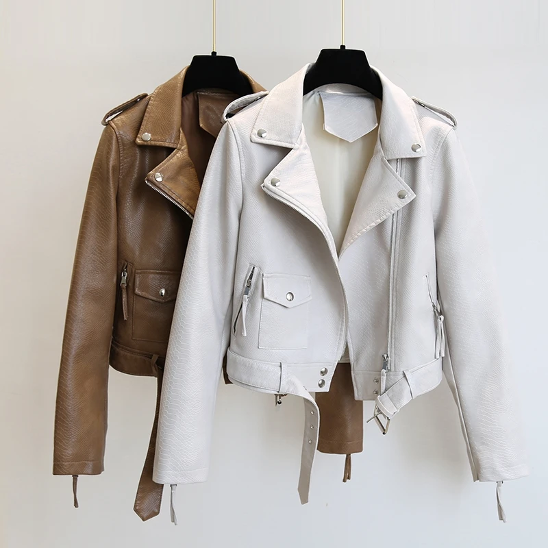 

women's synthetic fur jacket, khaki leather tight coat with belt, worn in spring and Autumn