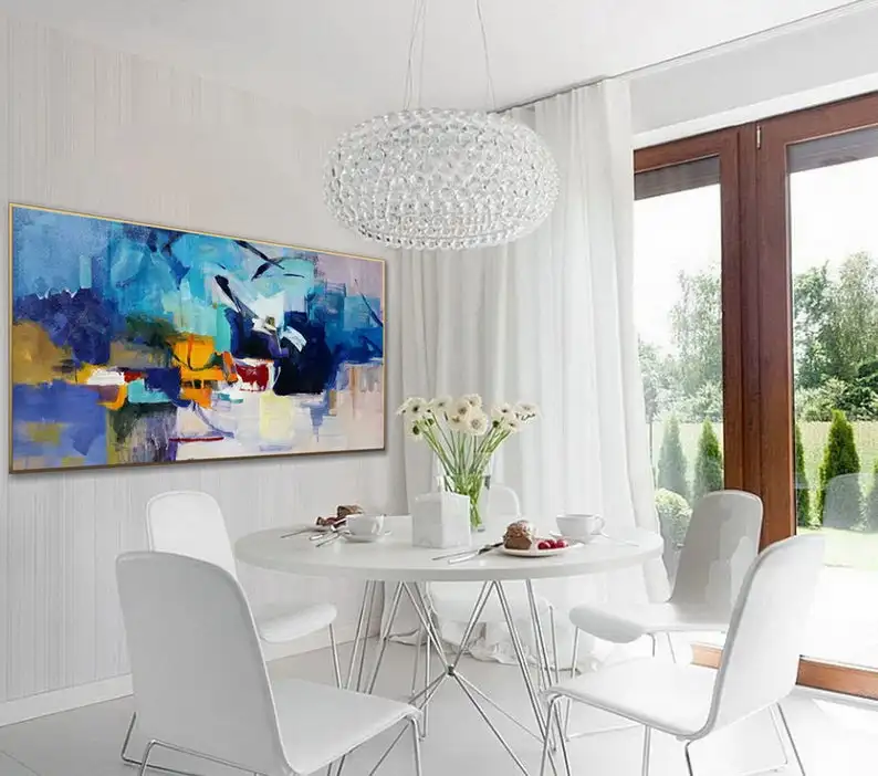 Koop Kleurrijke Blauwe Moderne Hedendaagse Kunstwerk Wall Art Penseelstreken Grote Horizontale Panoramisch Abstracte Acryl Schilderen Op Canvas