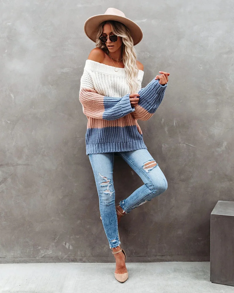 

Fitshinling Off Shoulder Women's Oversize Sweater Patchwork Bohemian Pullover Knitted Jumper Holiday Slim Sweaters Women Clothes