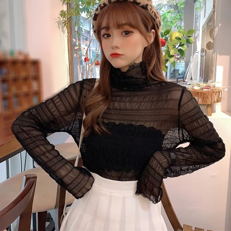 

Сексуальный сетчатый топ в Корейском стиле для женщин на весну и лето, тонкая прозрачная Водолазка с длинным рукавом