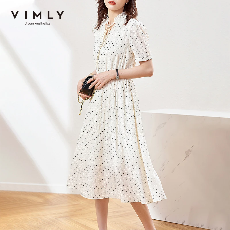 Платье-макси в горошек с V-образным вырезом и поясом на резинке | Женская одежда