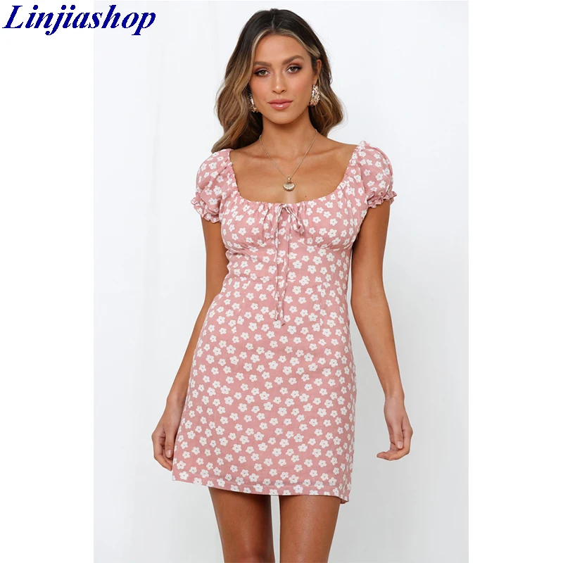 Женское винтажное мини платье с квадратным вырезом облегающее хлопковое пляжное