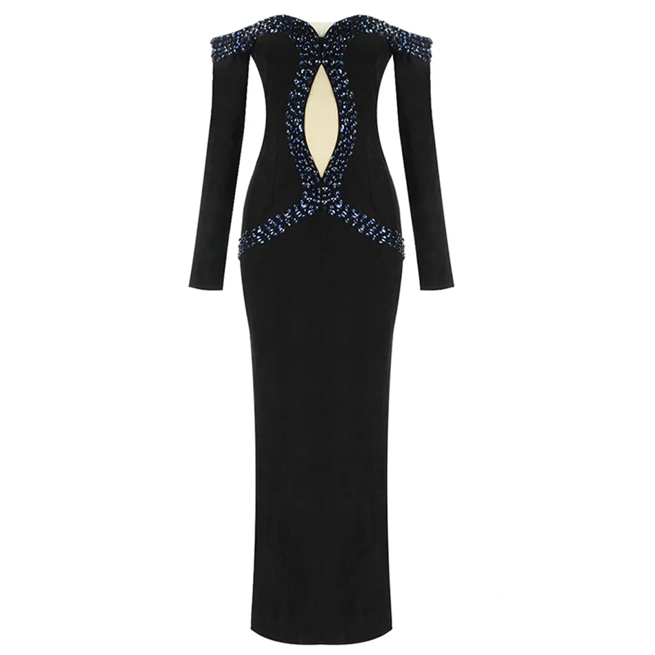 

2021 Summer New Ladies Black Beaded Long-Sleeved Strapless Split Bandage Dress Bodycon Club Party Christmas Long Dress Vestidos