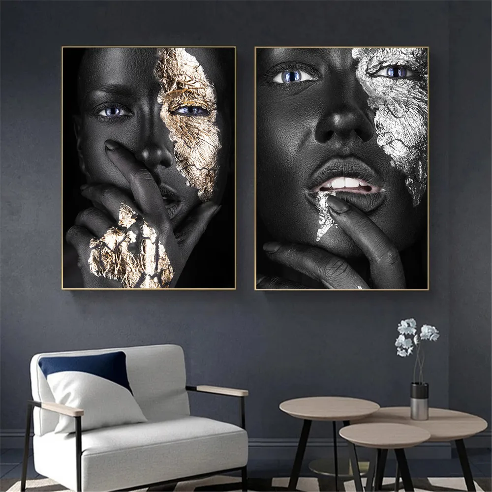 

Black Gold Silver Woman Wall Art Canvas Painting African Art Print Fashion Poster Scandinavian Wall Pictures Living Room Decor