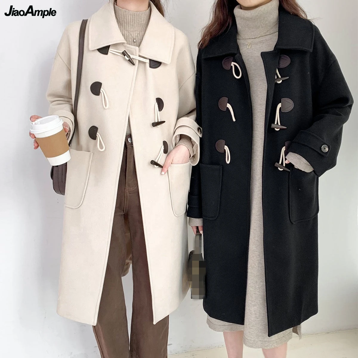

Autumn Winter Vintage Horn Button Wool Blend Coat Korean Preppy Style Middle-Length Overcoat Black Casual Loose Outerwear Female