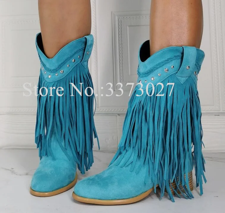

Lady Sky Blue Fringe Low Heel Short Boots Woman Fashion Rivets Tassel Casual Boots Sexy Design Female Banquet Shoes Dropship