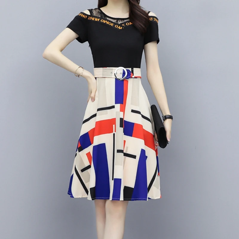 

Fashion summer dresses women casual letters embroidery plaid dress ladies work slim belt tunic midi dress knee-length