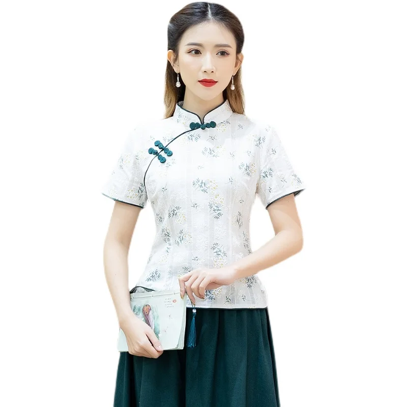 

2022 китайский Восточный стиль Улучшенный Топ Чонсам женский элегантный винтажный костюм Тан цветочный принт воротник Мандарин hanfu Топ
