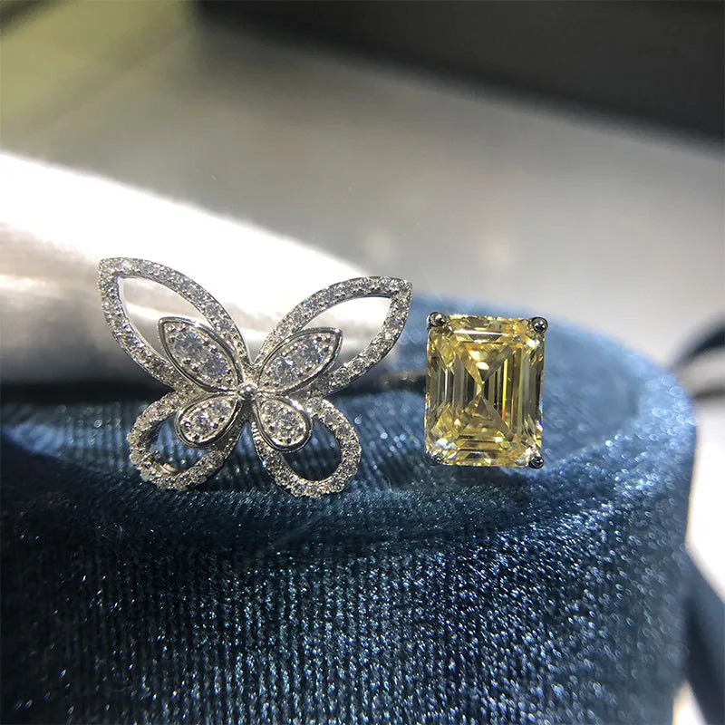 

Hot selling 925 sterling silver Butterfly Open Rings for women Luxury Full Zircon Sparking Yellow White Zircon party jewelry