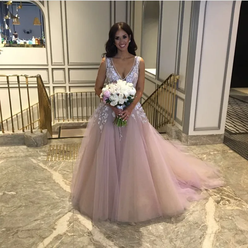 Красивые розовые 3D Цветочные кружевные свадебные платья Tutu с двойным v-образным вырезом трапециевидные кружевные свадебные платья Casamento