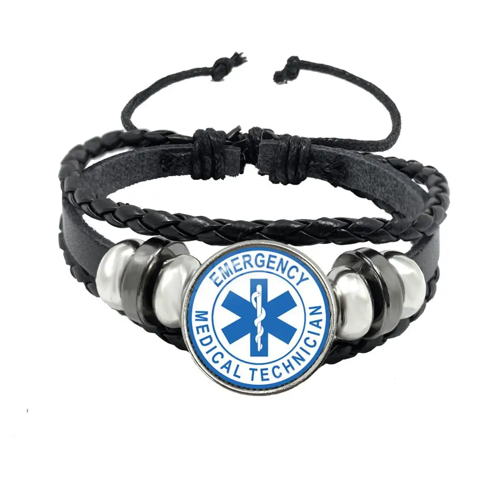 

Emergency Medical Technician Paramedic Symbol Logo Black Button Leather Bracelet Glass Dome Blue Star of Life EMT Sign Jewelry