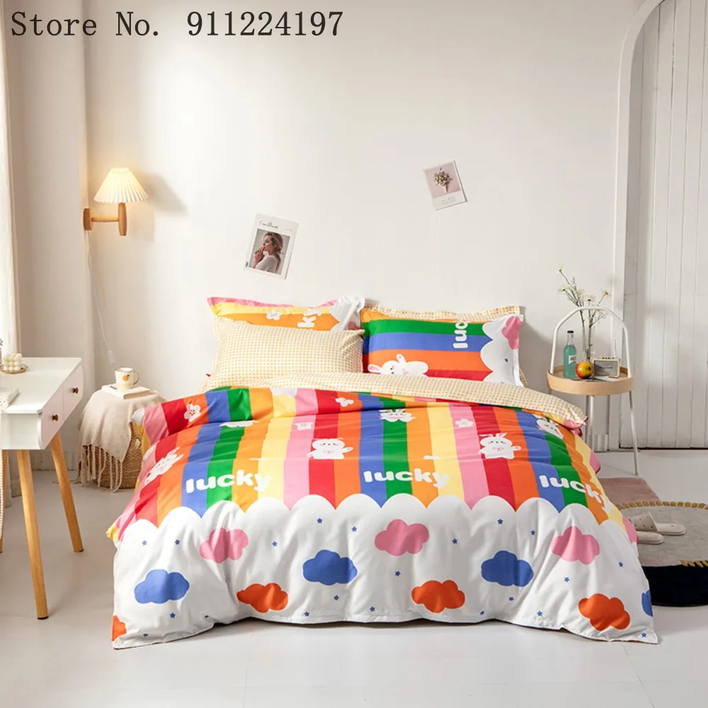 

2021 Hot Style Cartoon Bedding Set Rainbow Duvet Cover Bedroom Comforter Set Three-Piece Set Cute Rabbit Quilt Cover Sheet