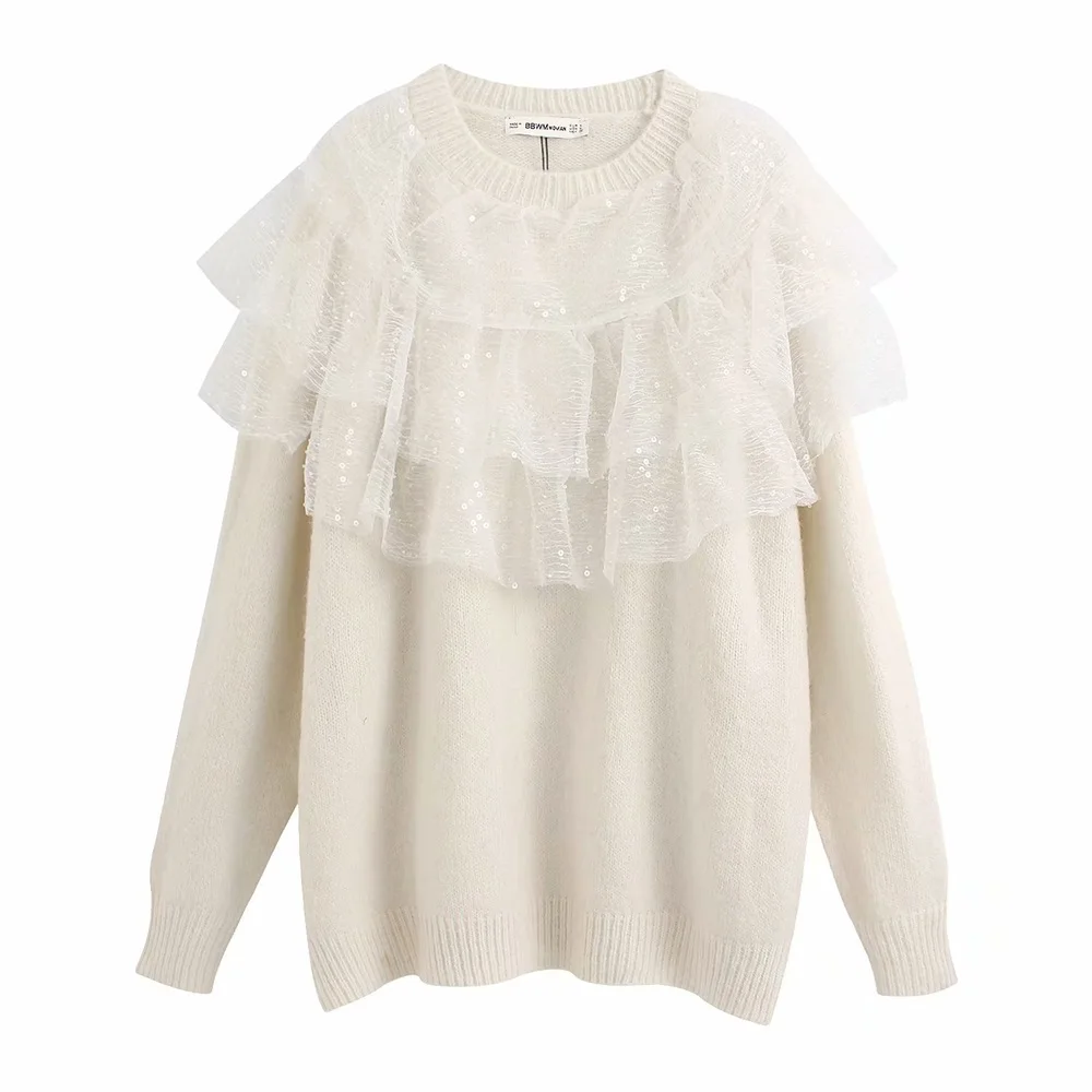 Женский свитер с блестками Za свободный длинными рукавами и круглым вырезом