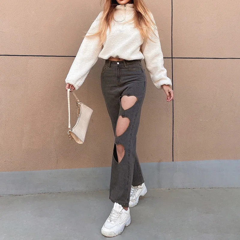 

Harajuku Sexy Heart Cut Out Ripped Jeans Women y2k High Waist Grey Straight Baggy Denim Trousers Summer Vintage Street Trousers