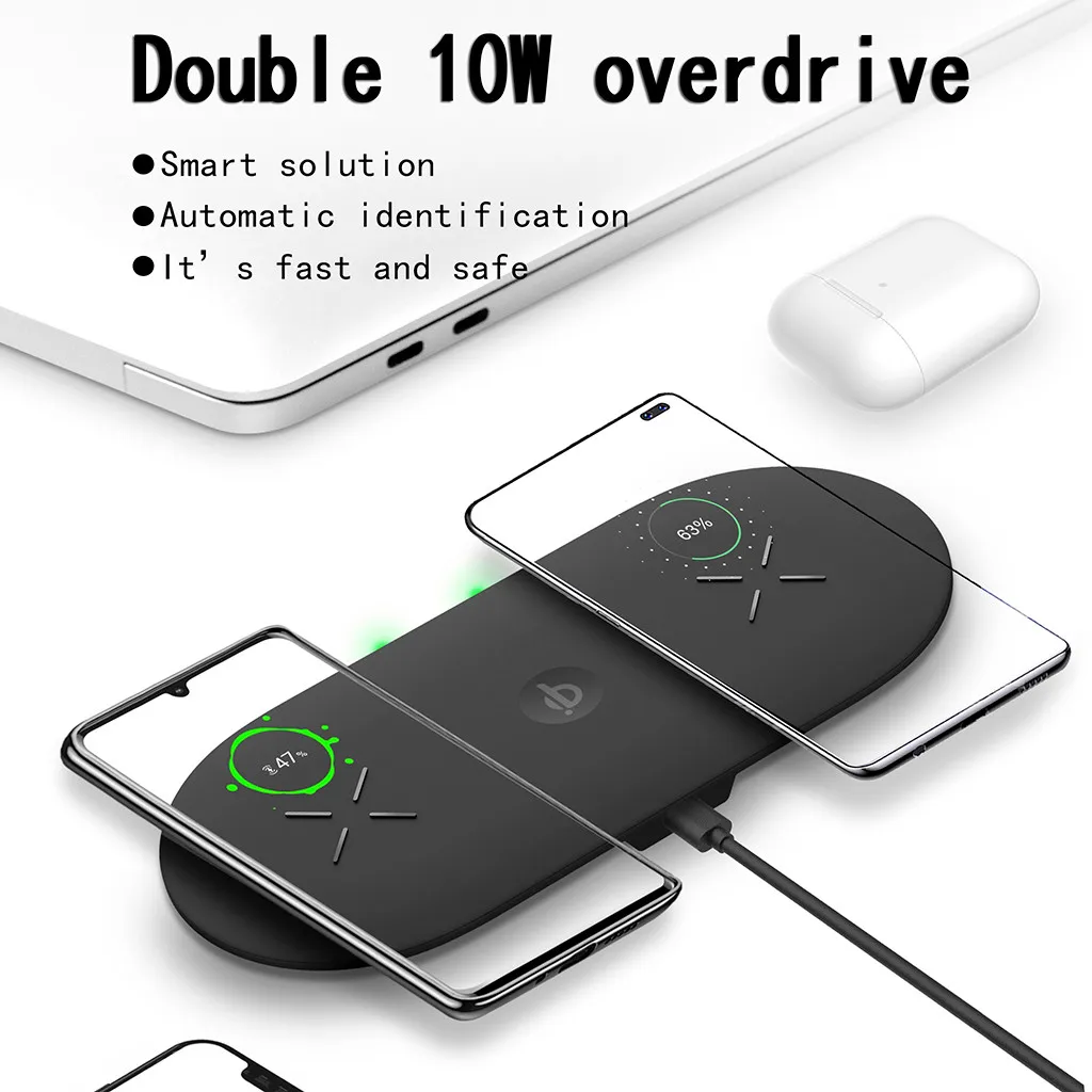 Двойное Беспроводное зарядное устройство с двойной быстрой зарядкой 10 Вт для