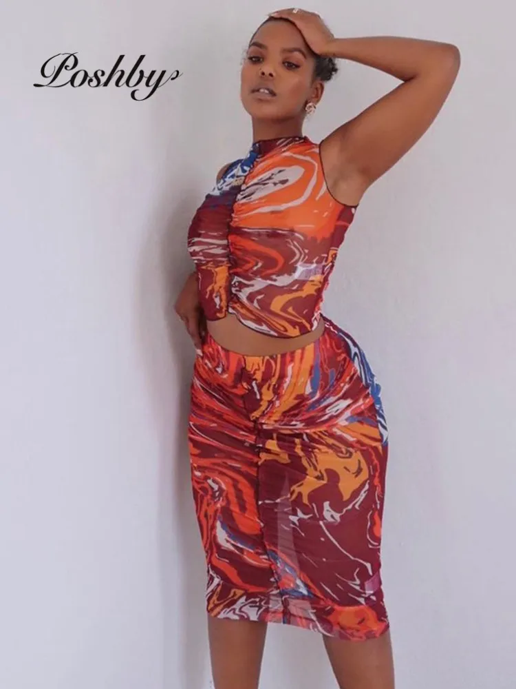 

Poshby Summer Women Mesh See Through 2 Pcs Set Sexy O Neck Sleeveless Top+Stretch Skinny Knee-length Skirt Suits 2021 Streetwear