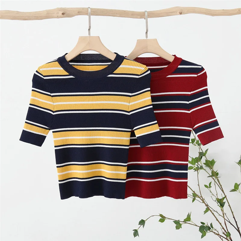 

SHENGPALAE Contrast Color Striped Sweater Women's Autumn 2021 New Round Neck Slim Thin Short Sleeve Soft Knitted Pullovers