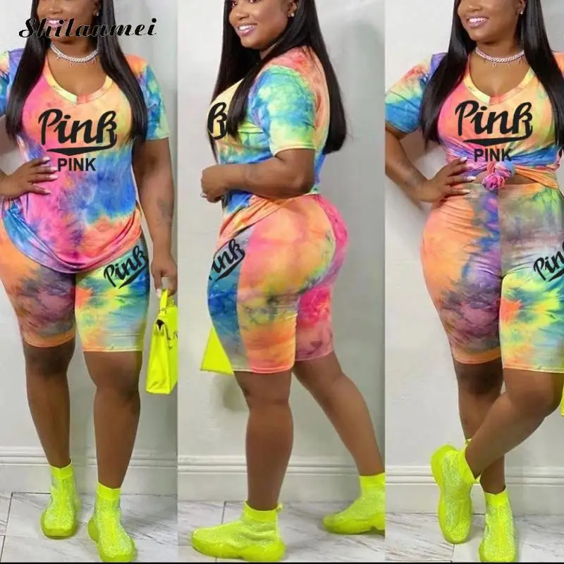 

2022 New Tie Dye Outfits For Women Two Piece Set Women PINK Print Short Sleeve T Shirt Top + Biker Shorts Female Tracksuit Sets
