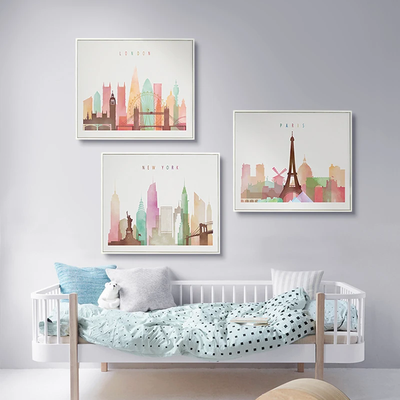 

Canvas Paintings Watercolor London New York Paris City skyline Posters and Prints Wall Art Pictures Living Room Home Decoration