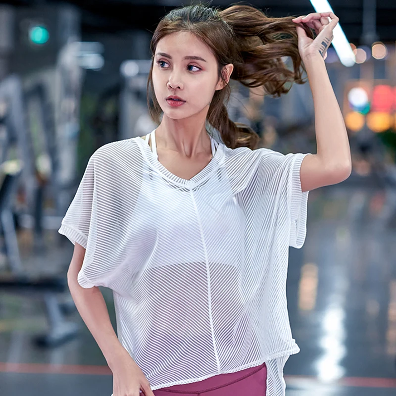 

Loose Striped Mesh Shirt Split Vest Sports Fitness T-shirt Yoga Top Ladies Sexy Transparent Gym Workout Sports T-shirt