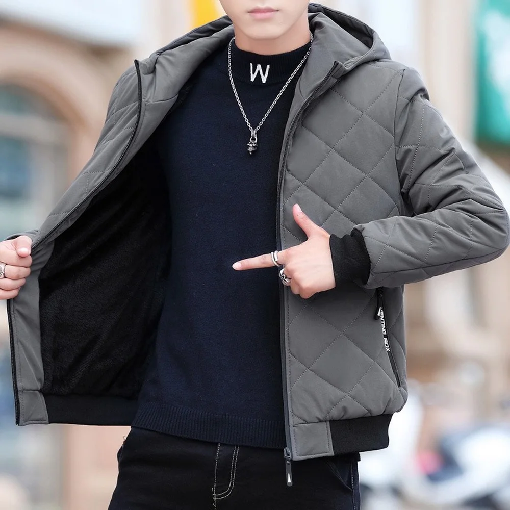 

Korean Vogue Autumn Spring Hooded Quilted Coats Fleece Lined Warm Coats With Hood Men Quilting Casual Jacket Nice Trends