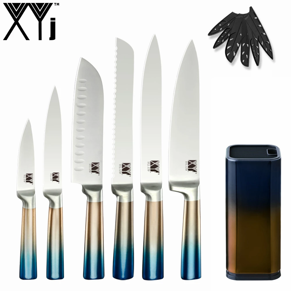 G. 7 PCS Set XYj шеф-повара из нержавеющей стали 8 комплект ножей 8 ''Держатель ножей острое лезвие градиентная цветная ручка Santoku утилита для нарезки хлеба - Цвет: G. 7 PCS Set