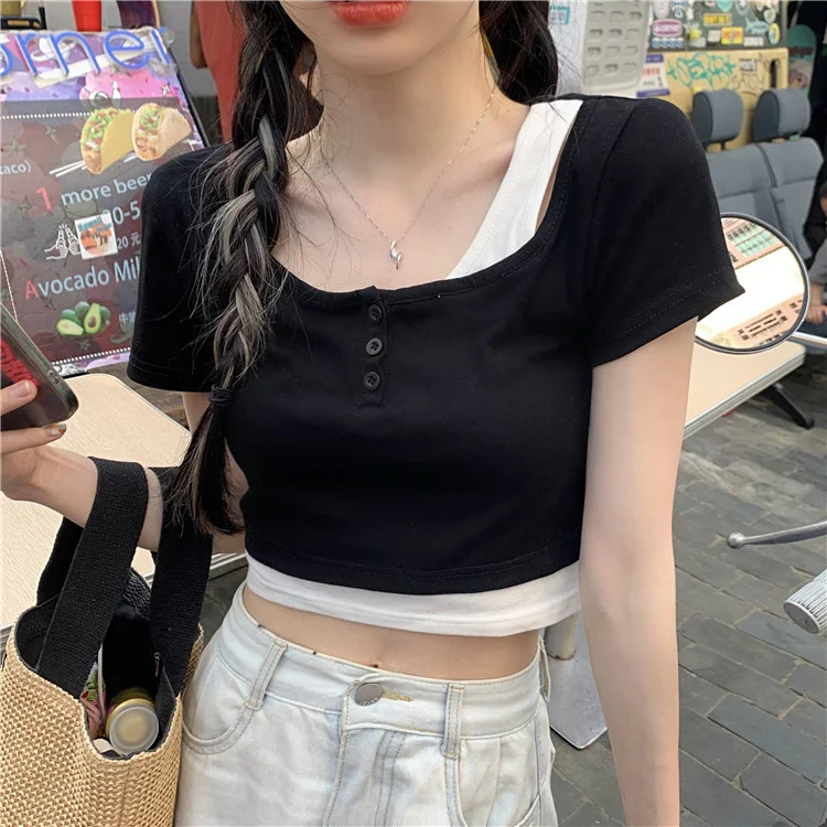 

Fake Two-Piece T-shirts Women's Short Sleeve Summer 2021 New Korean Style Slim Fit Slimming Crop-Top Short Top with High-Waisted