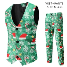 Christmas Men Vest Suit Festival V-neck Single Breasted Waistcoat Pants Two Piece Carnival hip hop stage costumes (4)