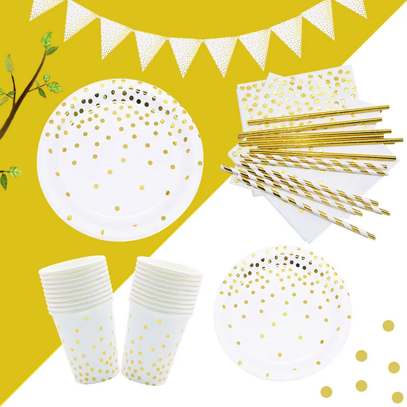 Золотые одноразовые столовые приборы вечерние принадлежности бумажные тарелки