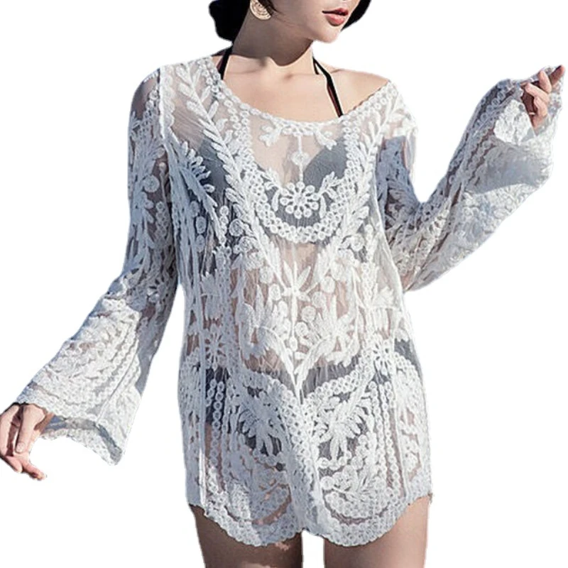 

2021 Crochet White Knitted Beach Cover Up Dress Tunic Pareos Bikinis Cover Ups Swim Cover Up Robe Plage Beachwear caftan dress