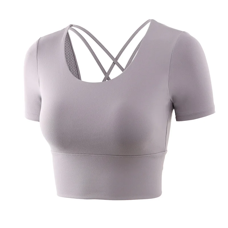 

Sexy Cross Halter Yoga Top Short Sleeve Fitness T-shirt Women's Moisturizing Wicking Running Sports T-shirt Gym Workout Top