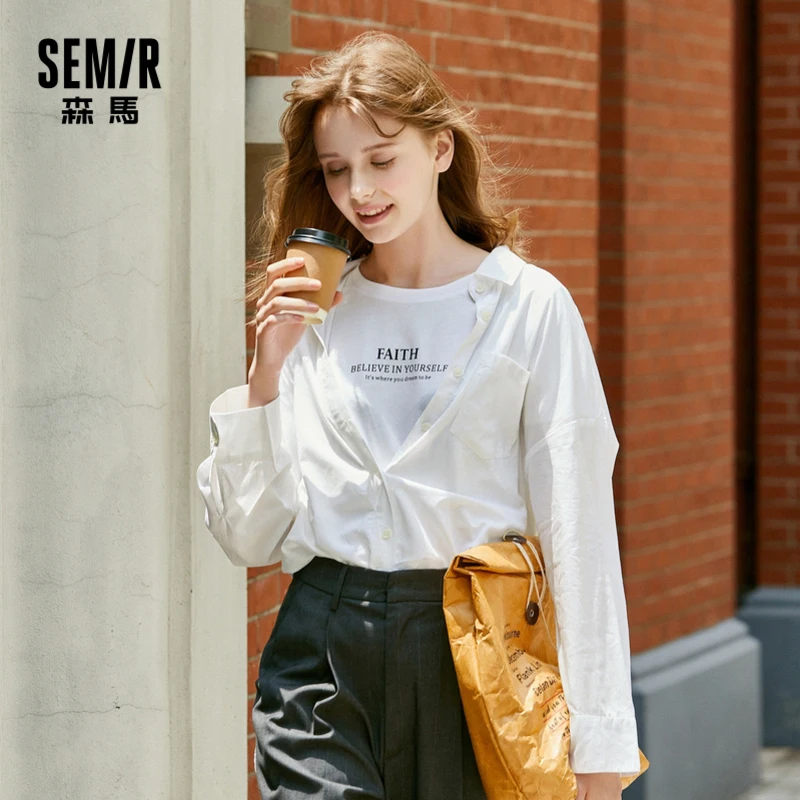 

SEMIR Long-Sleeved Blouse Women 2021 Early Autumn New Blouse Casual Top Mid-Length Loose Top White Shirts Women