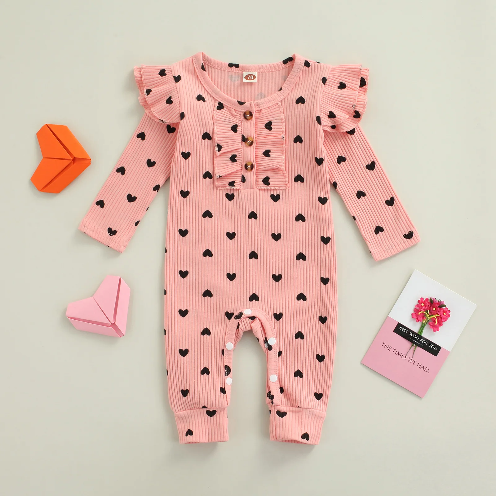 

Комбинезон для маленьких девочек на День святого Валентина, комбинезон с круглым воротником и длинными рукавами с оборками и принтом сердц...