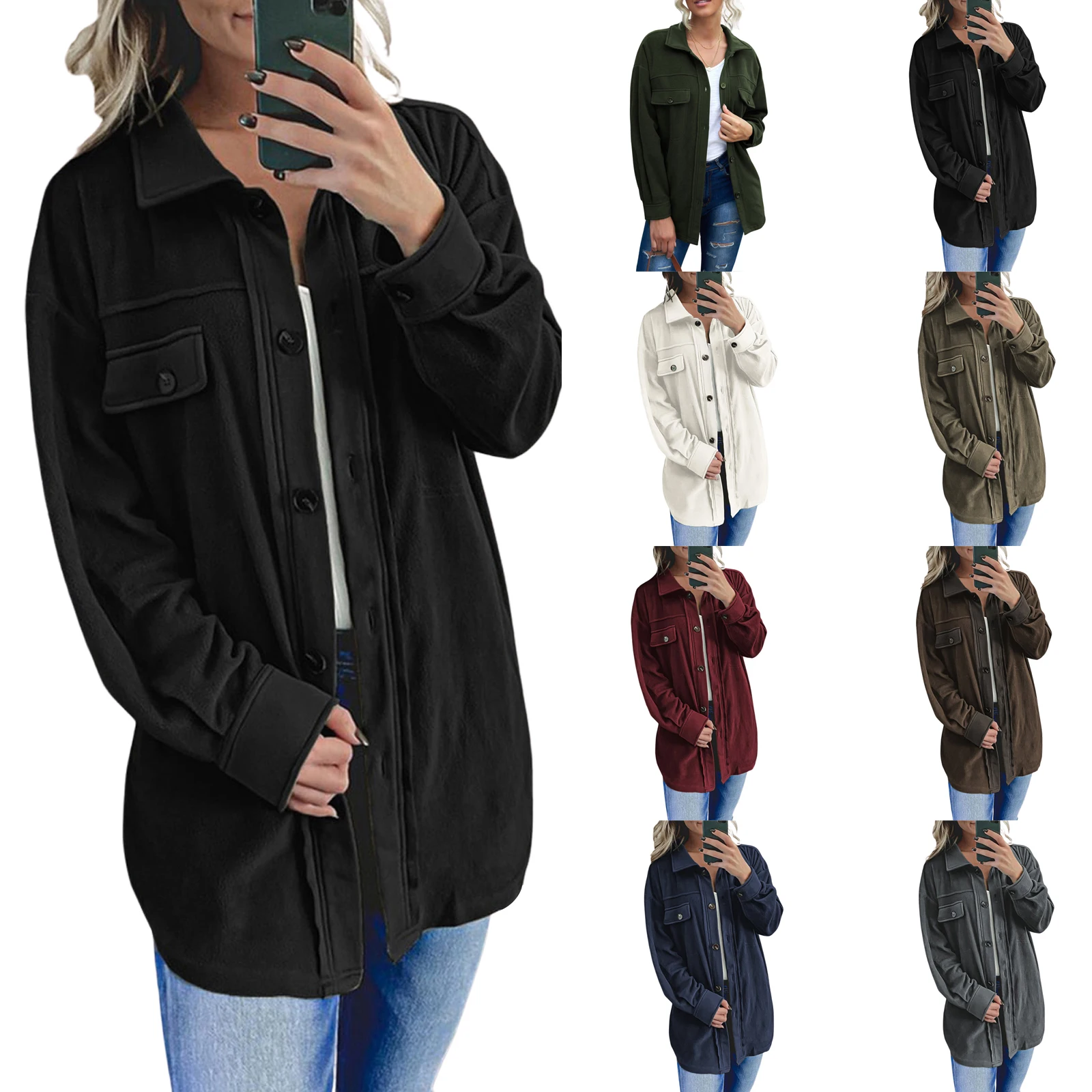 

Женская однотонная куртка с отложным воротником, однобортная блузка с длинным рукавом, Размеры S/M/L/XL/XXL
