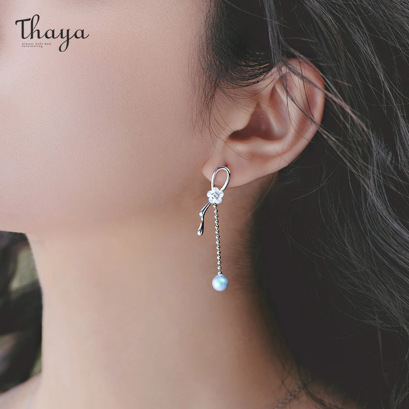 

Thaya 925 Silver Women Earring Peach Blossom Flower Purple-Blue Beads Earring Engagement Party Jewelry Gift Trend