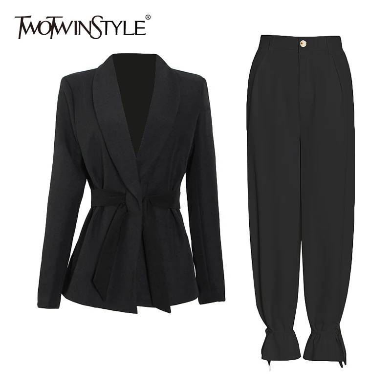 

TWOTWINSTYLE Casual Black Two Piece Set For Women Notched Long Sleeve Blazers High Waist Loose Pants Solid Sets Females 2021 New