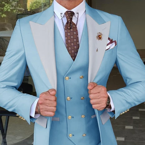New Arrival Light Blue Slim Fit Men Suits Grey Lapel Wedding Groom Tuxedos Terno Masculino Prom Slim Blazer Custom Made 3 Pcs