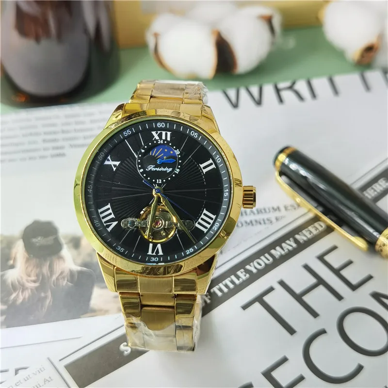 Forsining Марка Для мужчин механические часы Tourbillon Moonphase золотые Сталь Наручные Relogio